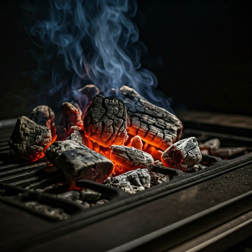A moody, atmospheric close-up of a high-end charcoal grill with glowing red embers and faint wisps of white smoke rising in a dark kitchen. The lighting is cinematic and focused, highlighting the textures of the hot coal and the deep charcoal background, echoing the restaurant's signature dark aesthetic of fire and ash.