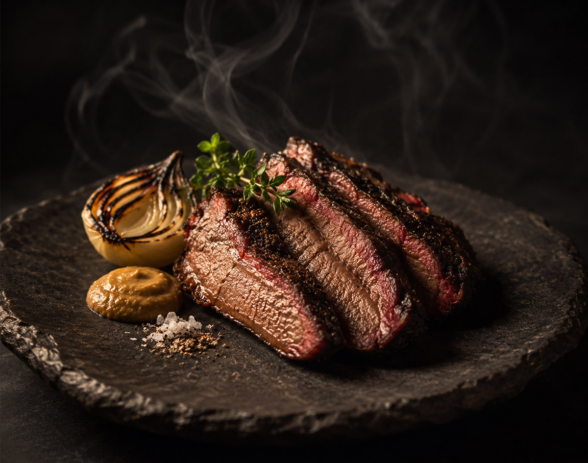 A gourmet presentation of a smoked meat dish on a dark, rustic stone plate. The scene is dimly lit with warm golden highlights on the textures of the meat, surrounded by a faint, artistic swirl of smoke that blends into the deep charcoal background. The composition is minimalist and sophisticated, focusing on the quality of the ingredients.