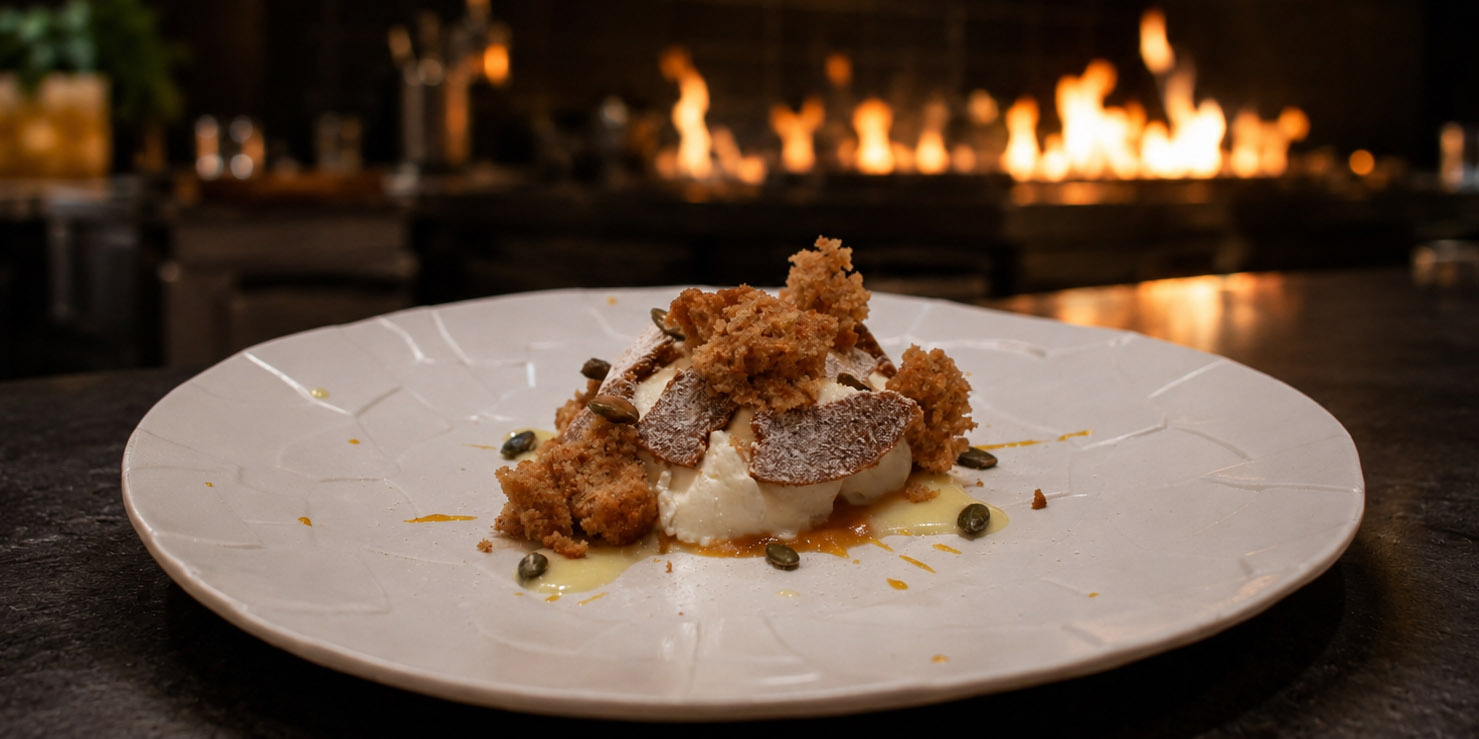 An artistic, high-contrast overhead shot of a deconstructed cheesecake on a dark grey artisan ceramic plate. Minimalist presentation with vibrant berry coulis accents, crisp crumble textures, and a smooth, creamy center. The scene is elegantly lit with cold shadows and warm highlights, set against a dark textured background.